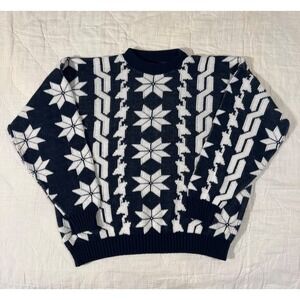Vintage Cabin Creek Navy White Snowflake Nordic Knit Sweater Large